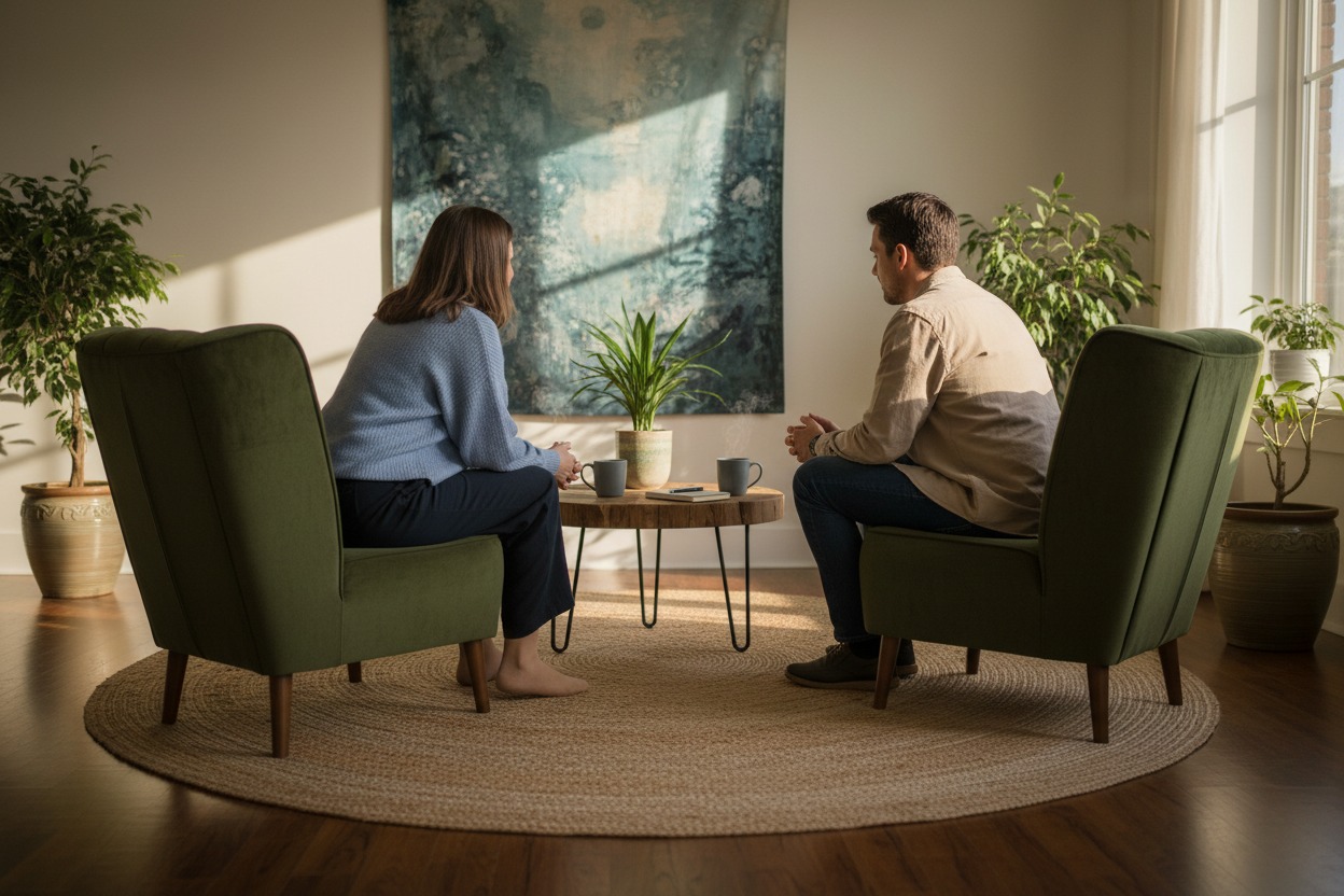 Two people facing each other across a room with their backs to us so we cant see their faces. One man and one woman within a therapy environment sitting on comfortable green velvet chairs. less formal and more relaxed